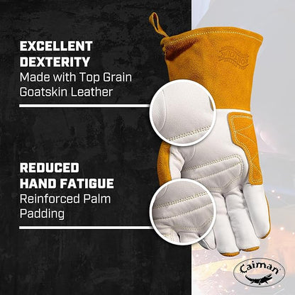 Caiman Premium Goat Grain TIG/Multi-Task Welding Gloves, Split Cowhide Back, 4-Inch Extended Cuff, White/Gold, Medium (1540-4)