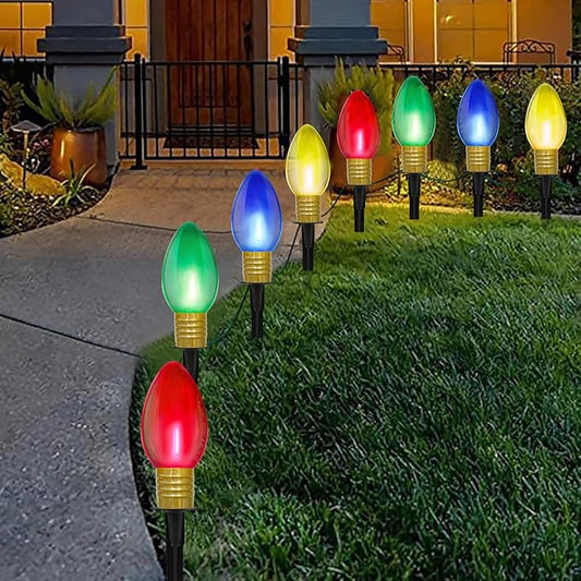 Jumbo C9 Christmas Pathway Lights Outdoor, 2Pk Total 14Ft Outdoor Christmas Decorations with 8 LED Jumbo C9 Clear Multicolor Bulbs Walkway Lights for Lawn Holiday Yard Garden Sidewalk