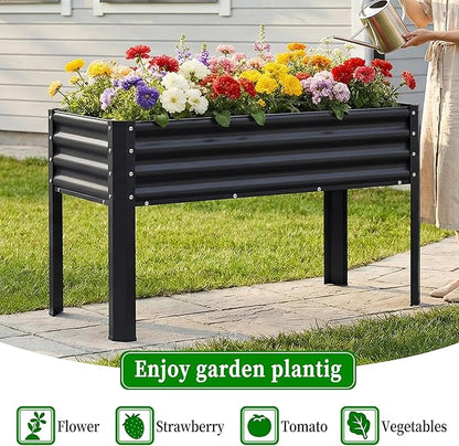 Galvanized Raised Garden Bed with Legs, 48×24×32in Large Metal Elevated Raised Planter Box with Drainage Holes for Backyard, Patio, Balcony, 400lb Capacity,Black