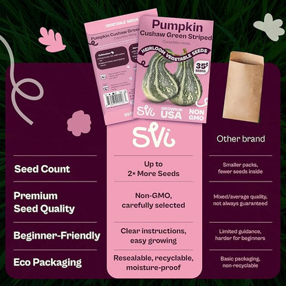 SVI 35 Cushaw Green Striped Pumpkin Seeds (Cucurbita mixta) – Cushaw Squash, Non GMO Winter Squash Seed Packets – Heirloom Vegetable Seeds for Planting Outdoors in Home Garden & Raised Beds