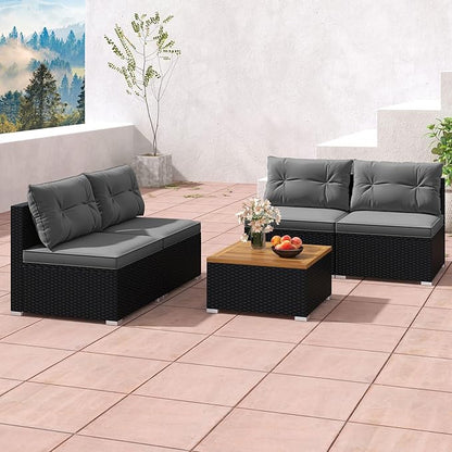 RELAX4LIFE 5-Piece Wicker Outdoor Furniture - PE Rattan Sectional Conversation Set w/4 Armless Sofas & Acacia Wood Coffee Table, Cushioned Patio Sofa Set for Garden Poolside Backyard Porch (Grey)