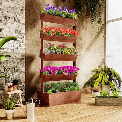 SUNYRISY 5 Tiers Vertical Wooden Raised Garden Bed Outdoor, Freestanding Garden Planter Box Stand for Planting Herbs Flowers Vegetables Outdoor Gardening