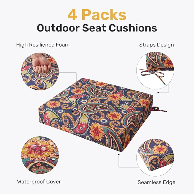 UNIKOME Outdoor Chair Cushions Pack of 4, Water Resistant Patio Cushions with Ties, High Density Sponge Filling Square Corner Seat Cushions for Outdoor Furniture, 24"*24"*4", Palmira Paisley