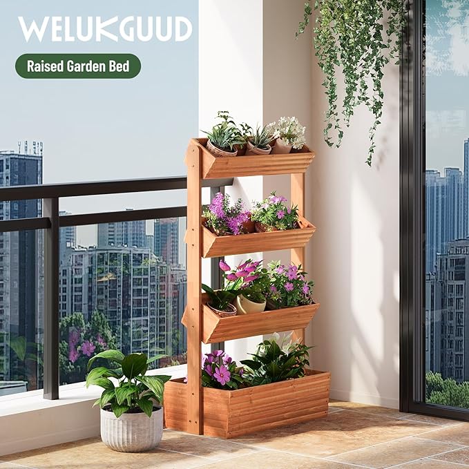 Vertical Wooden Raised Garden Bed, Garden Planters Freestanding Wood Plant Stand Flower Rack Wooden Planter Box for Plants Herbs Flowers Vegetables Outdoor Indoor Gardening (4-Tier Brown)