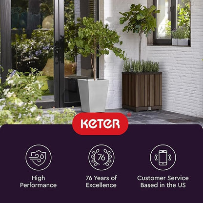 Keter Signature 21.6 Inch Tall Square Large Wood Look Planter for Indoor or Outdoor Flower Pot Ideal for Patio Deck and Front Porch Decor, Rosewood