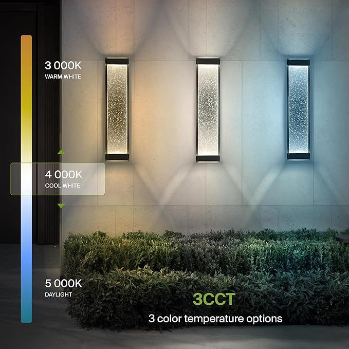 ASD LED 24" Bubble Glass Wall Light Fixture, Outdoor & Indoor Seeded Sconce | 3CCT, Waterproof, Dimmable, Up-Down Glow, ETL Listed | 22W 530LM 3000-5000K 100-277V | Exterior Porch Lighting | Black