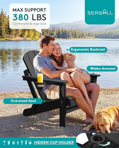 SERWALL Folding Adirondack Chair Set of 2, All Weather Adirondack Chairs with Cup Holder for Patio Garden Outdoors Fire Pit - Black