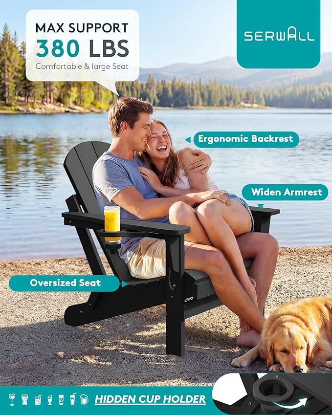 SERWALL Folding Adirondack Chair Set of 4, Weather Resistant HIPS Patio Chairs with Cup Holder for Garden Outdoors Fire Pit - Black