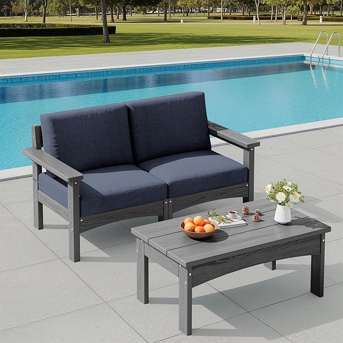 SERWALL HDPE Patio Sofa Set, 3 Pieces Conversation Set, All-Weather Outdoor Couch Sectional Sofas, Patio Furniture Set with Coffee Table for Balcony, Garden, Poolside, Grey Frame with Grey Cushion