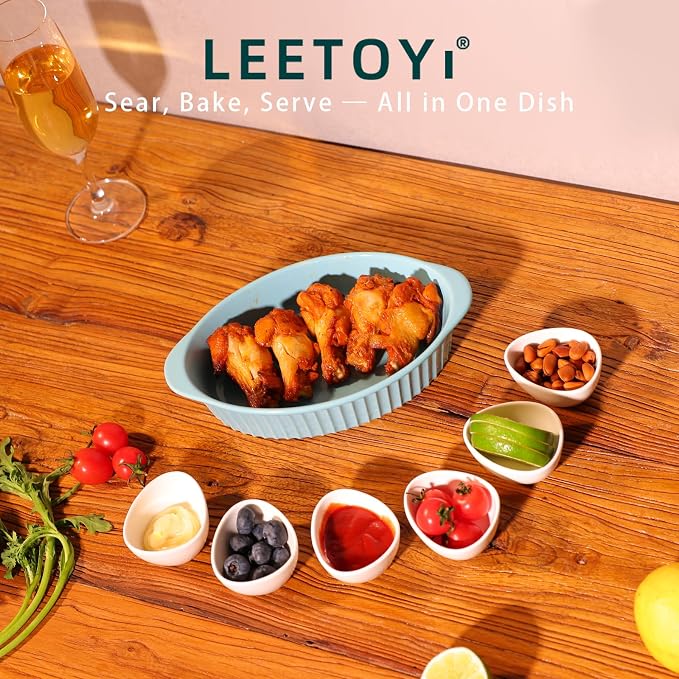 LEETOYI Porcelain Small Oval Au Gratin Pans,Set of 4 Baking Dish Set for 1 or 2 person servings, Bakeware with Double Handle for Kitchen and Home, Turquoise