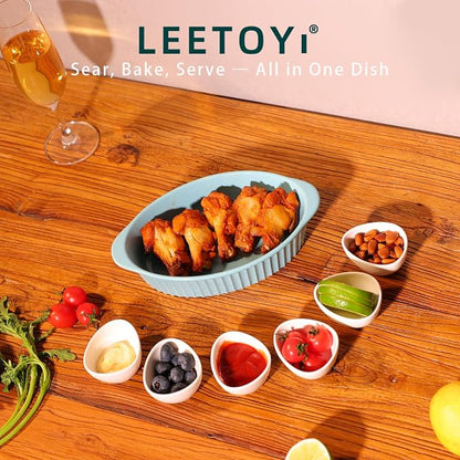 LEETOYI Porcelain Small Oval Au Gratin Pans,Set of 4 Baking Dish Set for 1 or 2 person servings, Bakeware with Double Handle for Kitchen and Home, Turquoise