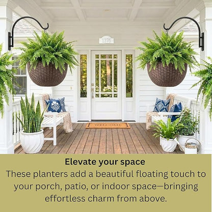 LaLaGreen Hanging Planters for Indoor Plants (11 Inch, 2 Pack) Brown Rattan Style Self-Watering Hanging Flower Pots with Water Level Indicator, Large Plastic Baskets Balcony Porch Home Outdoor Decor