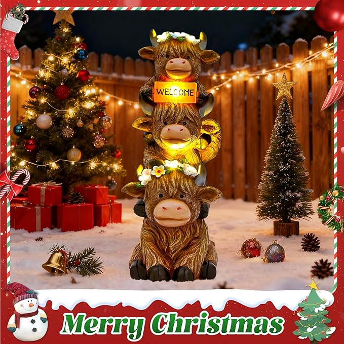 Christmas Highland Cow Statue Solar Outdoor Decor with Flower Decoration Garden Highland Cow Decor Birthday Gifts for Women Mom Winter Highland Cows Figurine for Yard Garden Lawn Decor