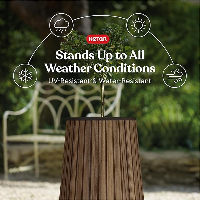Keter Signature Conic 28.5 Inch Tall Round Large Wood Look Planter for Indoor or Outdoor Flower Pot Ideal for Patio Deck and Front Porch Decor, Rosewood