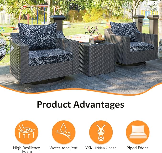 Outdoor Patio Chair Cushions Set, 24" x 24", Set of 2, Water-Repellent, Fade Resistant, Deep Seat Bottom and Back Cushion for Backyard, Couch, Sofa and Patio Furniture, Damask Blue Flower