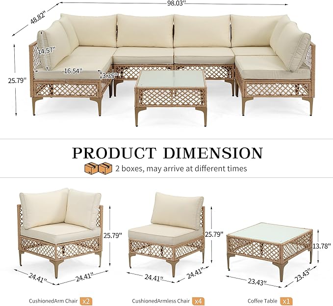 FHFO 7 Piece Outdoor Wicker Patio Furniture Set, Rattan Sectional Sofa Couch, Patio Conversation Set with Cushion & Coffee Table, for Backyard Poolside Porch Garden, Yellow/Beige