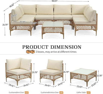 FHFO 7 Piece Outdoor Wicker Patio Furniture Set, Rattan Sectional Sofa Couch, Patio Conversation Set with Cushion & Coffee Table, for Backyard Poolside Porch Garden, Yellow/Beige