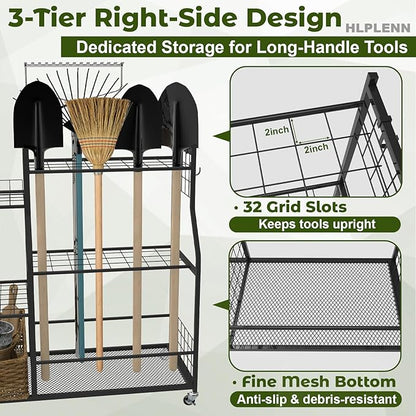 Large Garden Tool Organizer with Wheels, Yard Tool Organizer Stand for Long Handled Tools, Indoor/Outdoor Metal Yard Tool Storage Rack Cart for Garage, Shed, Garden