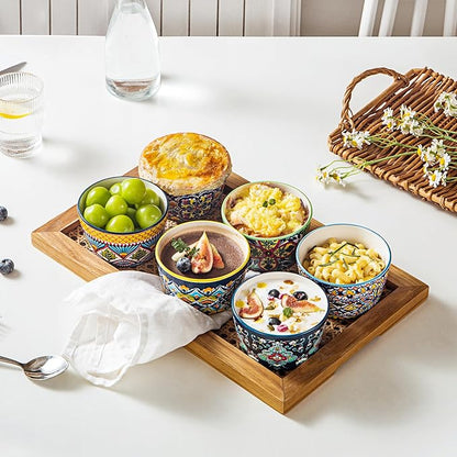 8 oz Ceramic Ramekins Set of 6, Bohemian Baking Bowls & Soufflé Cups | Oven Safe, Ideal for Soufflés, Crème Brûlée, Pot Pies, Mac & Cheese, Dips & Single-Serve Meals