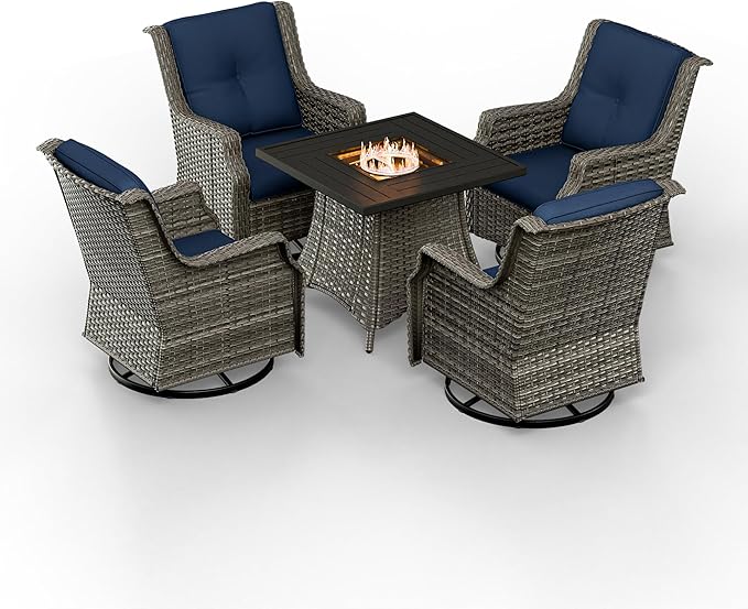 5-Piece Patio Furniture Set Includes 4 Swivel Rocker Chair and 1 Fire Pit, Wicker Conversation Set with Cushion Blue