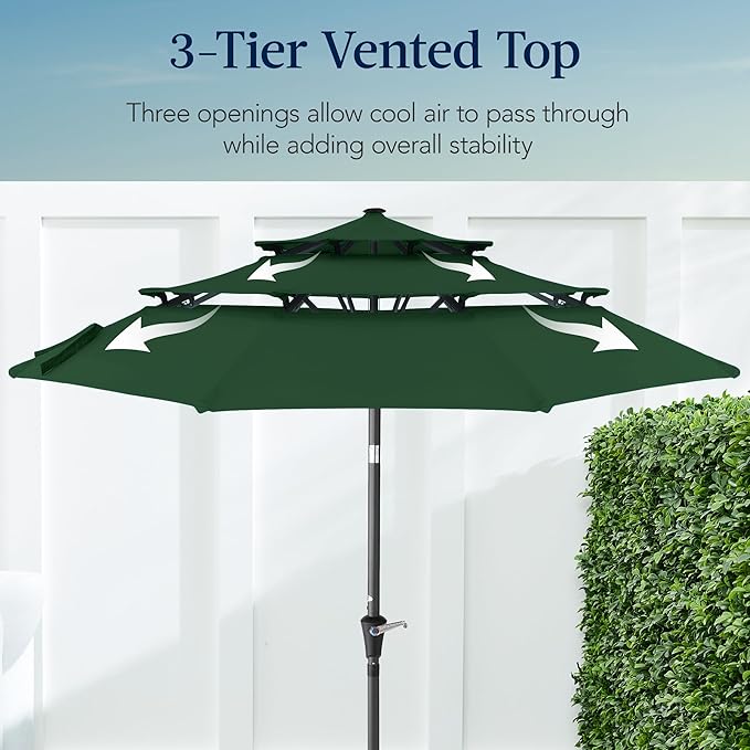 Best Choice Products 10ft 3-Tier Market Patio Umbrella, Outdoor Sun Shade with Tilt, Crank Lift, 8 Ribs for Backyard, Deck, Poolside – Green