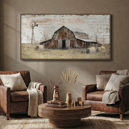 Large Framed Farmhouse Wall Art for Living Room, Vintage Rustic Barn Horizontal Canvas Prints, Rustic Country Wall Decor for Bedroom Dining Room Hallway 30x60 Inch