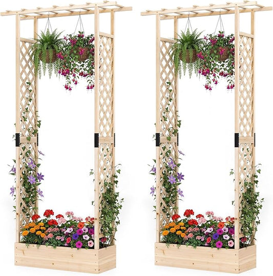 S AFSTAR Raised Garden Bed with Trellis, 2 Pieces Fir Wood Planter Box with Flat Roof & Drainage Holes, Vertical Planter Raised Bed for Climbing Plants, Flowers & Vegetables, 43" x 14" x 89" (Natural)