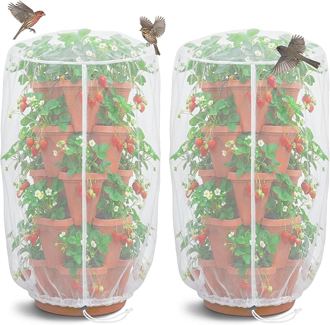 2 Pcs Vertical Plant Pot Insect Netting，5-Tier Stackable Planter Garden Net Cover for Strawberry, Planter Pot Protection Mesh with Drawstring for Strawberry Herb Vegetable Flower Fruit