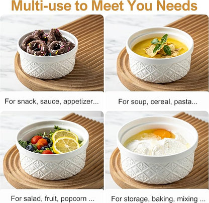Large Mixing Bowls with Airtight Lids, Classic White Porcelain Embossed Nesting Salad Bowls for Baking and Cooking, 12/16/28/40oz Serving Bowls Set of 4, Oven and Dishwasher Safe, Thanksgiving Gift