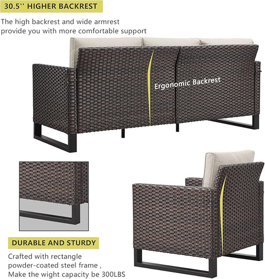 HUMMUH 8 Piece Patio Furniture Set PE Wicker Outdoor Sectional Sofa and Patio Swivel Chairs Outdoor Dining Table Ottomans for Porch,Garden,Backyard,Deck(Brown/Beige)