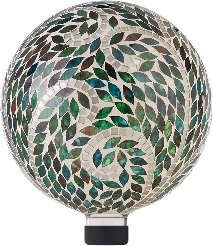 Alpine Corporation 10" Diameter Indoor/Outdoor Glass Mosaic Gazing Globe Yard Decoration, Scroll Leaf Pattern Design