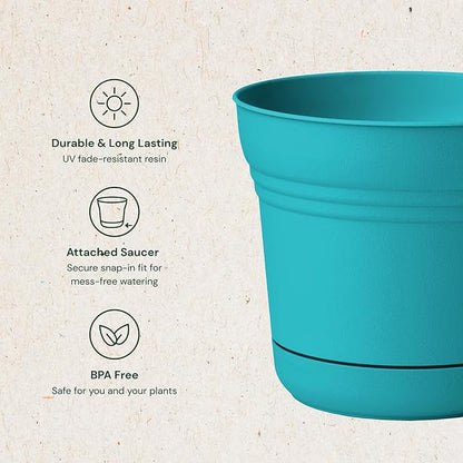 Bloem Saturn Round Planter with Saucer Tray: 14" - Bermuda Teal - Durable Plastic Pot, Matte Finish, Removable Saucer, for Indoor & Outdoor Use, Gardening, 5 Gallon Capacity