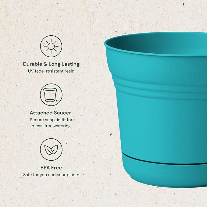 Bloem Saturn 7" Bermuda Teal Round Resin Planter Pot with Snap-in Saucer for Indoor and Outdoor Gardening
