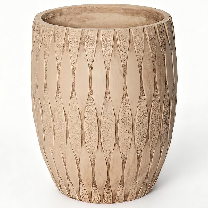16" H x 14" Dia Weathered Concrete Planter, Large Indoor Outdoor Decorative Flower Pot with Drainage Hole, Modern Round Design for Home, Garden, Patio, Porch, or Courtyard, Vintage Yellow Stone Finish