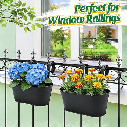 MADHOLLY Railing Planter with Drainage Holes - Sturdy Bucket Pots for Railing Fence, Countryside Style Metal Flower Pots for Herbs Balcony Garden Yard Decor, 2Pcs, Black