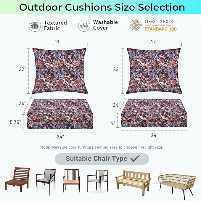 Outdoor Cushions for Patio Furniture,Outdoor Seat Cushion Set 24 x 24 x 4 Inch,Waterproof & Fade Resistant Outdoor Chair Cushions, Patio Chair Cushion, Artistic Floral