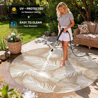 Pauwer Waterproof Outdoor Rug 8ft, Reversible Plastic Straw Patio Camping Rug, Indoor Outdoor RV Mat Carpet for Deck, Camper, Porch, Balcony, Backyard, Picnic, Leaf Brown