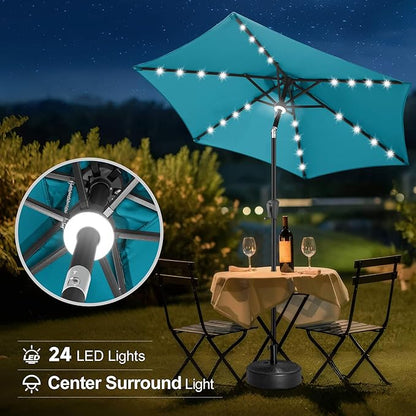 FLAME&SHADE 7.5 ft Solar Powered Outdoor Market Patio Table Umbrella with LED Lights and Tilt, Aqua Blue
