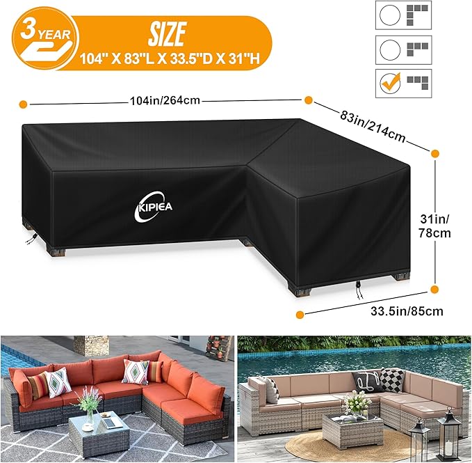 Kipiea Patio L-Shaped Sectional Sofa Cover, 420D Heavy-Duty Oxford Fabric Outdoor Sectional Cover with 6 Windproof Buckles, No Tears Anti UV No Fading (Right Facing, 104" x 83" L x 33.5" D x 31" H)