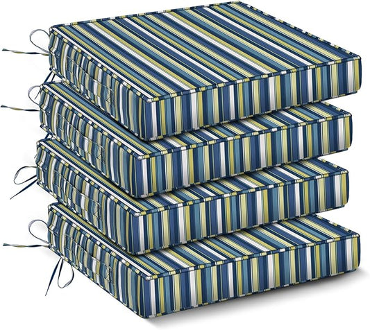 IPYNBAP Outdoor Chair Cushions Set of 4 -Waterproof Outdoor Seat Cushions for Patio Furniture, Patio Chair Cushion with Handle and Ties, Out Door Chair Pads,17x16x2-Square, Blue Stripe