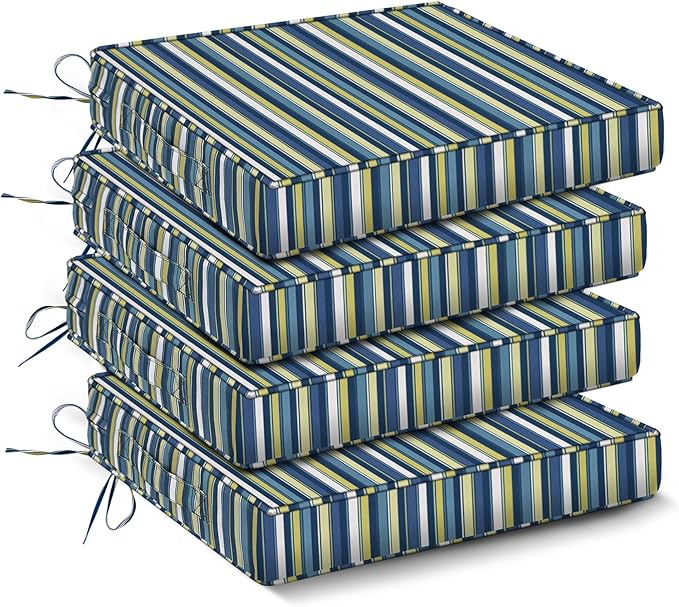 Outdoor Chair Cushions Set of 4,Waterproof Outdoor Seat Cushions for Patio Furniture,Patio Chair Cushion with Handle and Ties, Out Door Chair Pads,18.5" x 16" x 3", Blue Stripe
