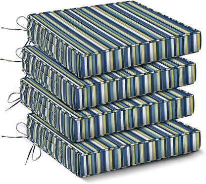 Outdoor Chair Cushions Set of 4,Waterproof Outdoor Seat Cushions for Patio Furniture,Patio Chair Cushion with Handle and Ties, Out Door Chair Pads,18.5" x 16" x 3", Blue Stripe
