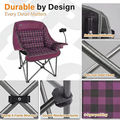 Oversized Camping Chairs for Adults- Heavy Duty Extra Large Lawn Chair,Folding Comfy Padded Camp Chair for Outdoor Sports Garden Beach Fishing,Wide&Thick,Purple Plaid