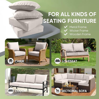 Outdoor Furniture Cushions, 6 inch Thick Seat Cushions for Outdoor Furniture, Waterproof 22x24 Patio Couch Cushions, Replacement Chair/Sofa Cushion, Include 4 Back & 4 Seat Cushion, Thick/Beige