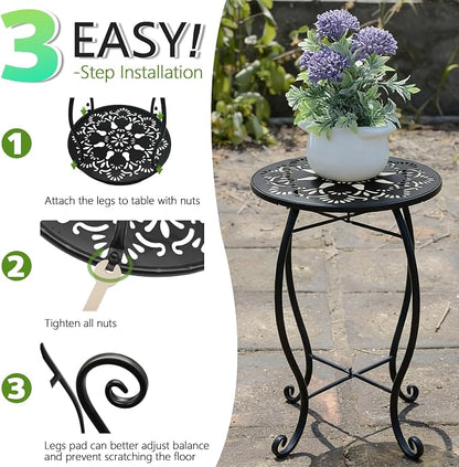 Arbuxzuy 17" Tall Round Metal Outdoor Side Tables for Patio, Decorative Black Flower Pot Stand, Rustproof Potted Holder, 120 lbs Load Capacity