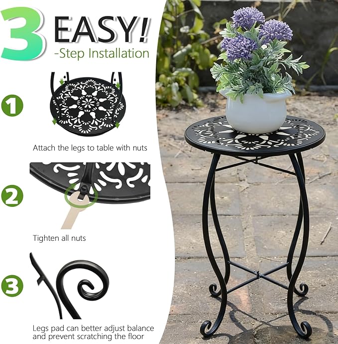Arbuxzuy 3 Packs 17" Tall Round Metal Outdoor Side Tables for Patio, Decorative Black Flower Pot Stand, Rustproof Potted Holder, 120 lbs Load Capacity