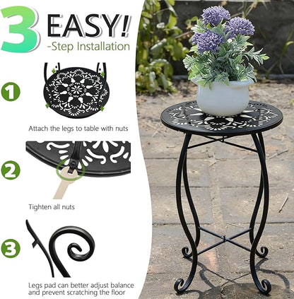 Arbuxzuy 3 Packs 17" Tall Round Metal Outdoor Side Tables for Patio, Decorative Black Flower Pot Stand, Rustproof Potted Holder, 120 lbs Load Capacity