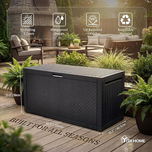 YITAHOME 95 Gallon Large Outdoor Deck Box, Lockable Waterproof Resin Storage Box with Handles, Weatherproof & UV Resistant, Patio Garden Tool Container for Outdoor Furniture, Black