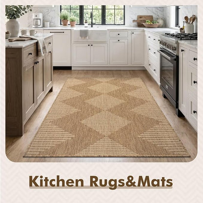 MontVoo-3x5 Outdoor Rug Porch Entryway Rug-Polypropylene Indoor Outdoor Rugs for Entryway Kitchen Balcony Patio, Textured Weave, Durable, Fade-Resistant, Non-Shedding, Boho Geometric Neutral Brown