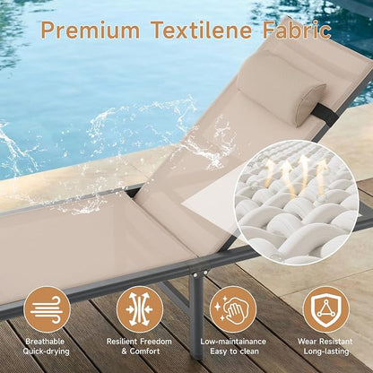 ONBRILL 2 PCS Chaise Lounge Chair Outdoor, Foldable & Assembly Free Outdoor Lounge Chair with 5 Position Adjustable Backrest, Aluminum Pool Lounge Chairs for Outside Poolside Patio Beach Lawn, Khaki